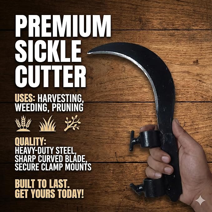 Hand Sickle Cutter - Sharp Curved Blade for Grass, Weeds, Harvesting, Gardening, and Farming | Durable Manual Garden Tool